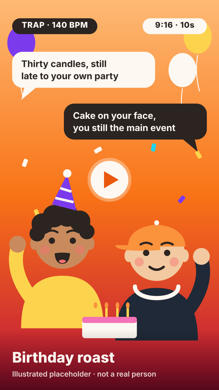 AI rap video example: two friends rap a birthday roast over cake and balloons, 9:16 vertical