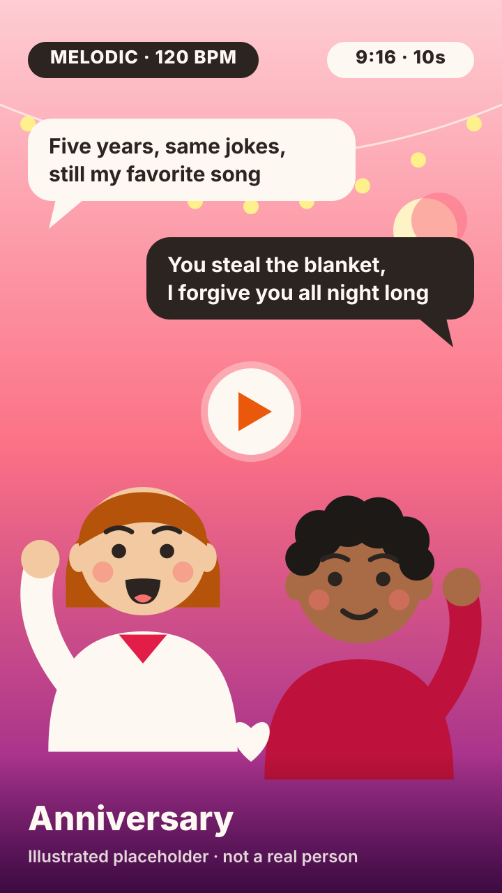 AI rap clip: a couple raps an anniversary verse under string lights