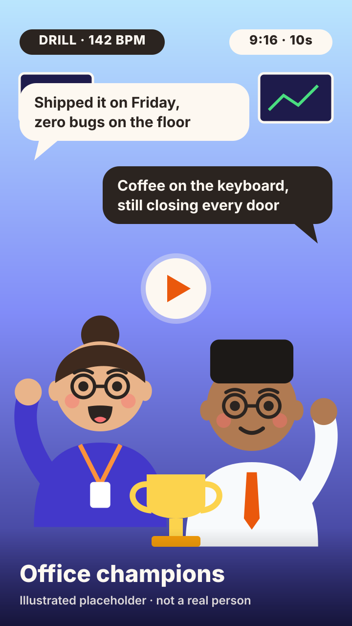 Rap duo clip: two coworkers celebrate a shipped project with a trophy at the office