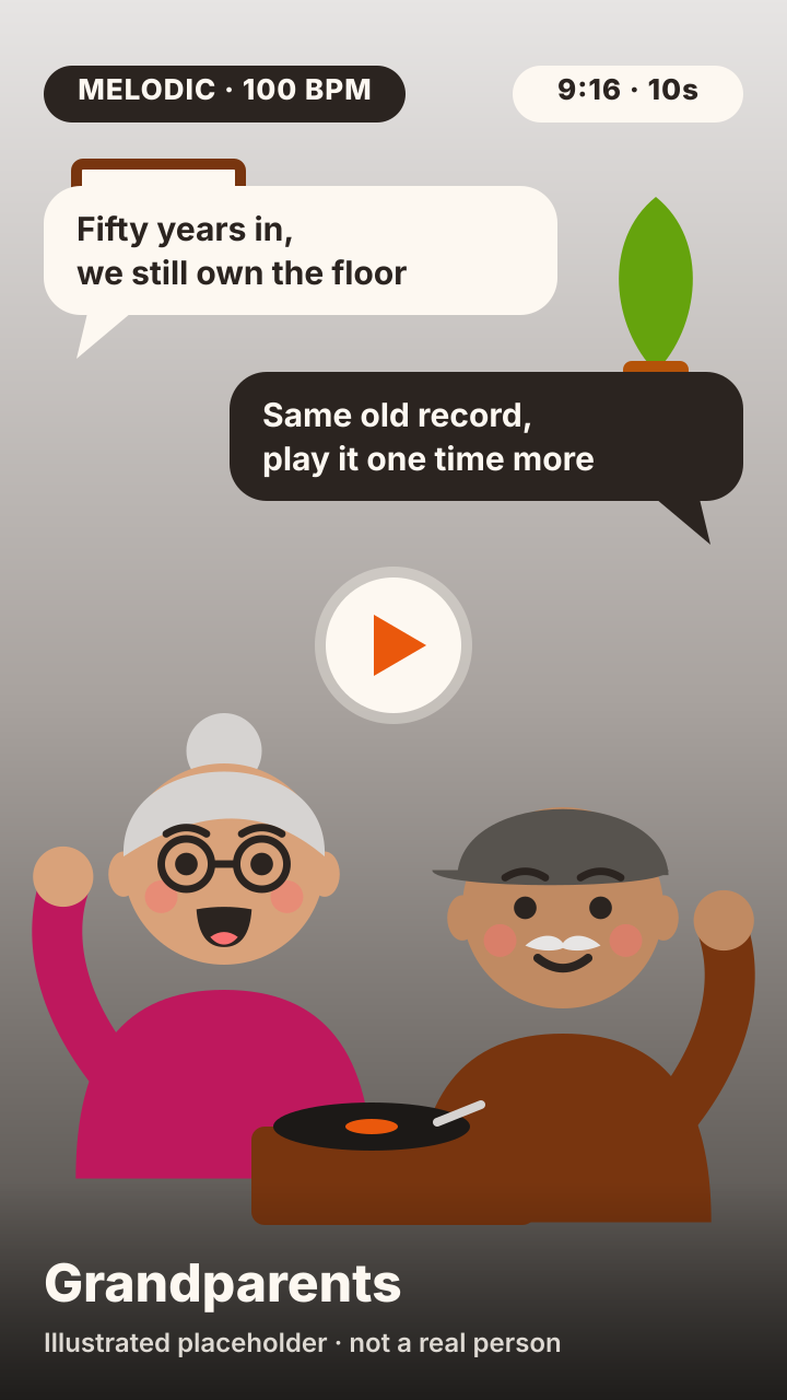 Rap duo clip: grandparents rap side by side next to a record player, 9:16 vertical